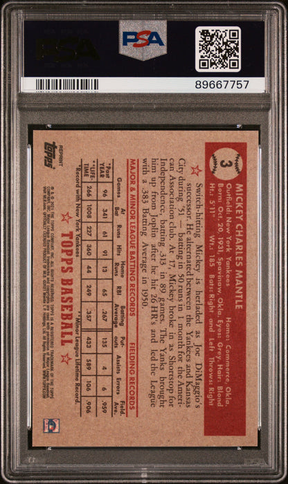 Graded 2021 Topps X Mantle Mickey Mantle #3 Rookie Reprint Baseball Card PSA 9 Mint