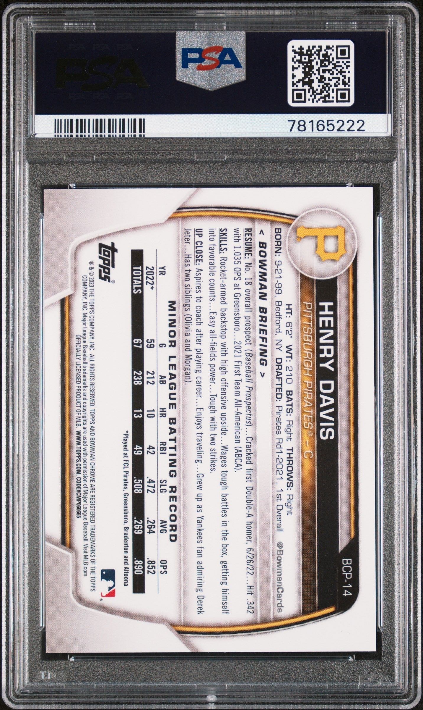 Graded 2023 Topps Bowman Henry Davis #BCP14 Chrome Prospects Lava Refractor #/399 Rookie RC Baseball Card PSA 10 Gem Mint