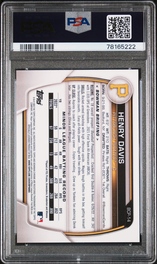 Graded 2023 Topps Bowman Henry Davis #BCP14 Chrome Prospects Lava Refractor #/399 Rookie RC Baseball Card PSA 10 Gem Mint