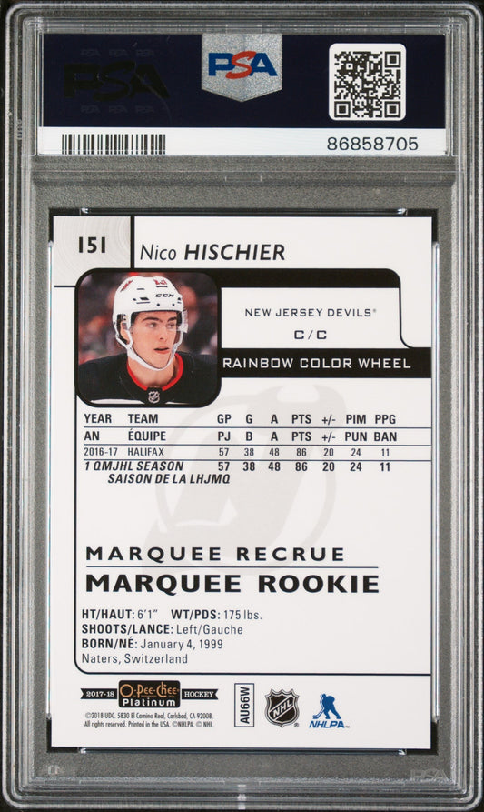 Graded 2017 UD O.P.C Platinum Nico Hischier #151 Rainbow Color Wheel Rookie RC Hockey Card PSA 10 Gem Mint