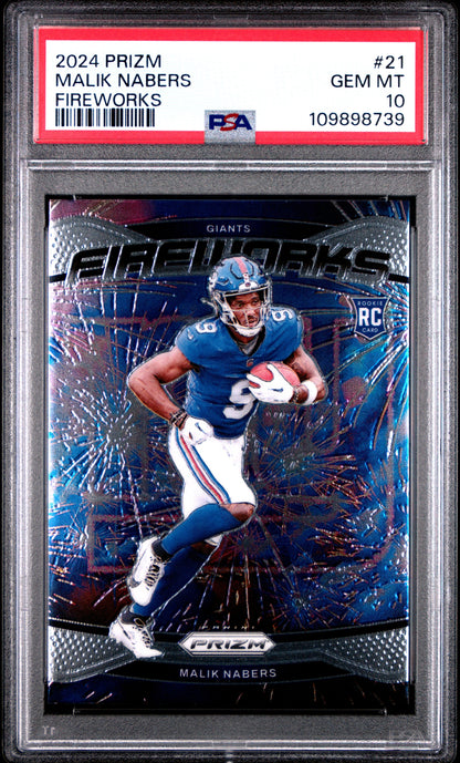 Graded 2024 Panini Prizm Malik Nabers #21 Fireworks Rookie RC Football Card PSA 10 Gem Mint