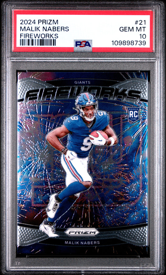 Graded 2024 Panini Prizm Malik Nabers #21 Fireworks Rookie RC Football Card PSA 10 Gem Mint
