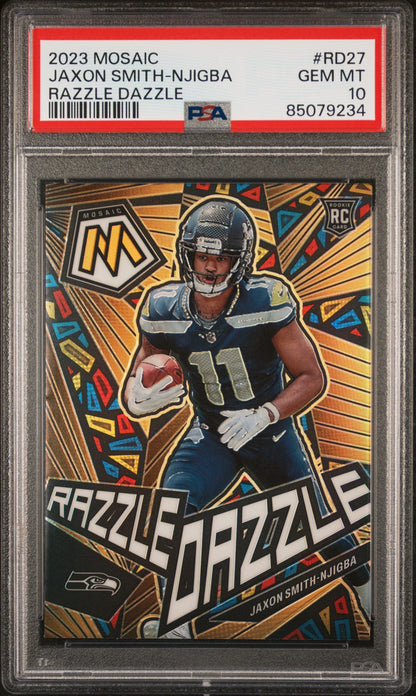 Graded 2023 Panini Mosaic Jaxon Smith-Njigba #RD27 Razzle Dazzle Rookie RC Football Card PSA 10 Gem Mint