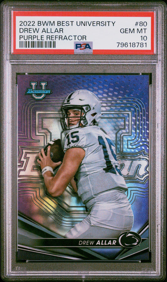 Graded 2022 Topps Bowman Best University Drew Allar #80 Purple Refractor #/250 Rookie RC Football Card PSA 10 Gem Mint