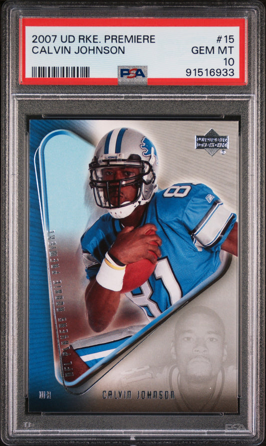 Graded 2007 Upper Deck Rookie Premiere Calvin Johnson #15 Rookie RC Football Card PSA 10 Gem Mint