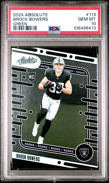 Graded 2024 Panini Absolute Brock Bowers #113 Green Rookie RC Football Card PSA 10 Gem Mint