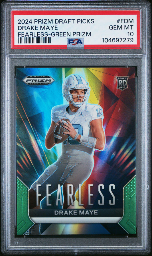 Graded 2024 Panini Prizm Draft Picks Drake Maye #FDM Fearless Green Prizm Rookie RC Football Card PSA 10 Gem Mint