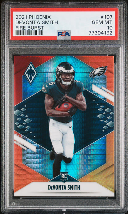Graded 2021 Panini Phoenix DeVonta Smith #107 Fire Burst Rookie RC Football Card PSA 10 Gem Mint