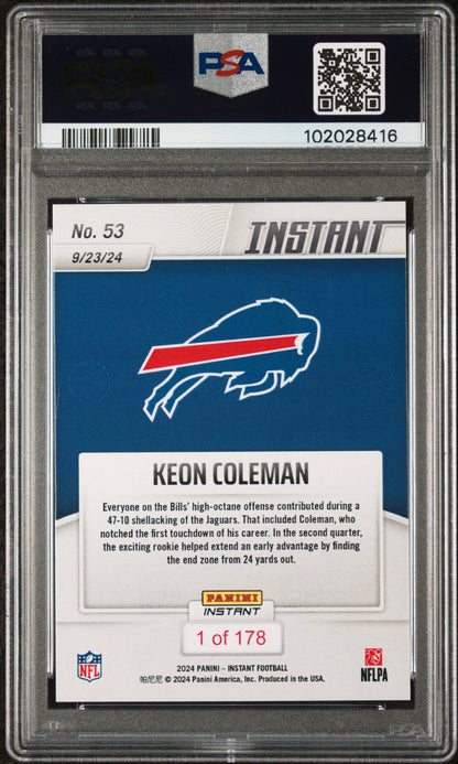 Graded 2024 Panini Instant NFL Keon Coleman #53 Rookie RC Football Card PSA 9 Mint