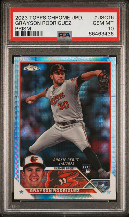 Graded 2023 Topps Chrome Update Grayson Rodriguez #USC16 Prism Rookie RC Baseball Card PSA 10 Gem Mint