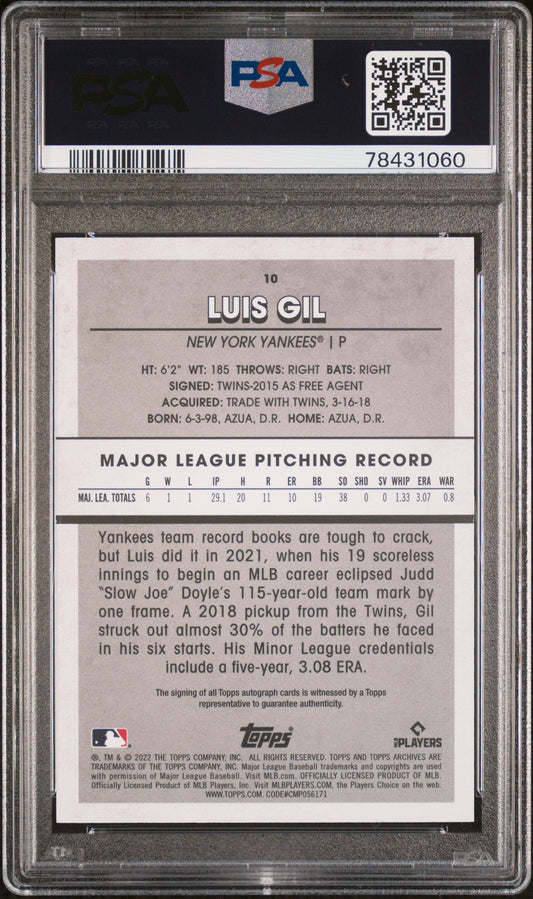 Graded 2022 Topps Archives Snapshots Luis Gil #10 Autograph Rookie RC Baseball Card PSA 10 Gem Mint