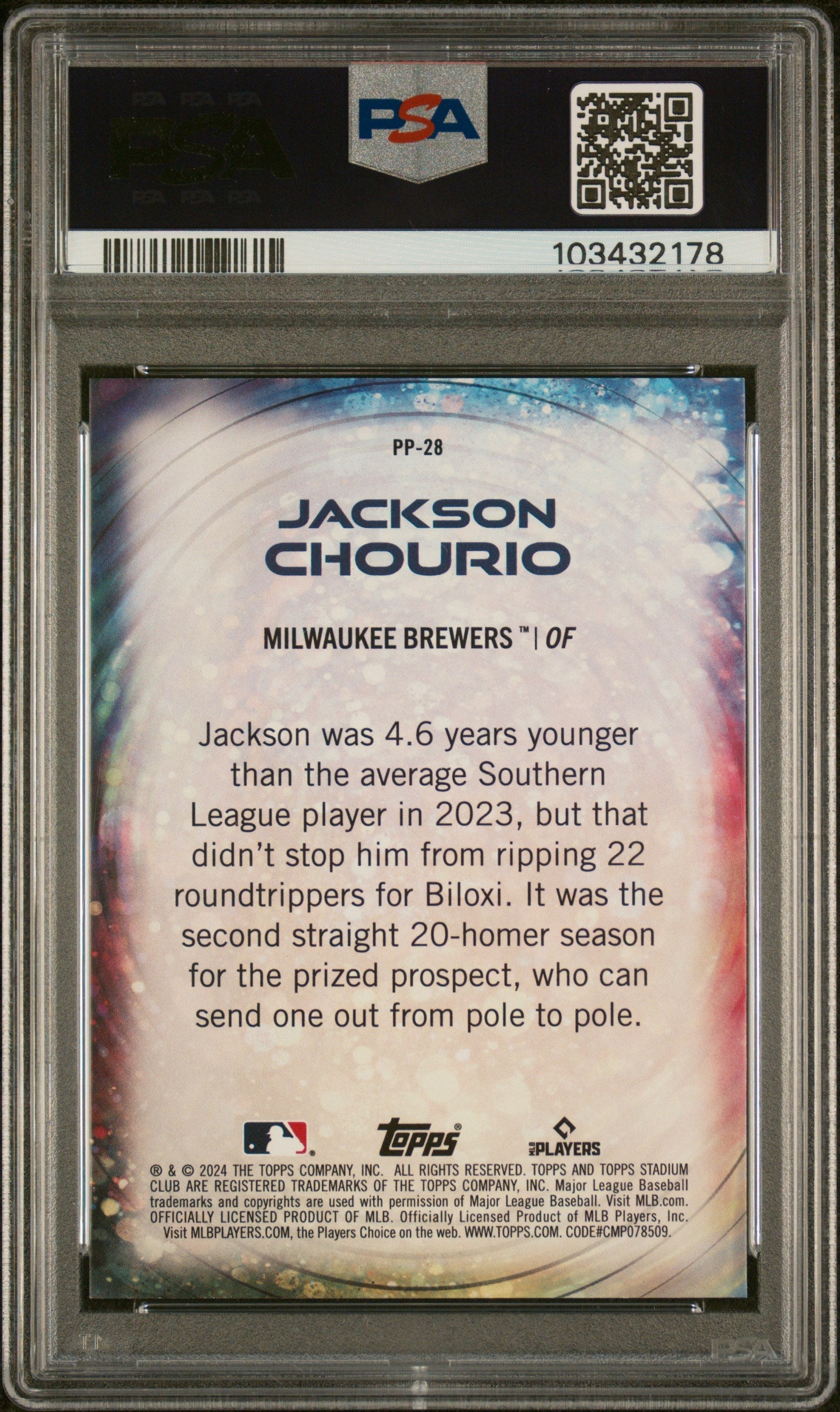 Graded 2024 Topps Stadium Club Jackson Chourio #PP28 Power Packed Rookie RC Baseball Card PSA 10 Gem Mint