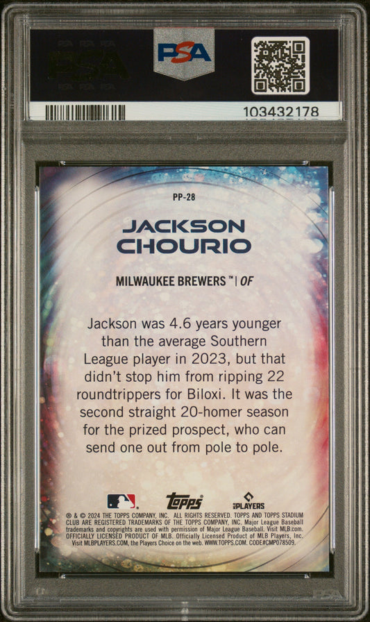 Graded 2024 Topps Stadium Club Jackson Chourio #PP28 Power Packed Rookie RC Baseball Card PSA 10 Gem Mint