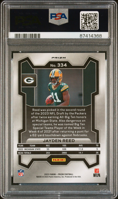 Graded 2023 Panini Prizm Jayden Reed #334 Lazer Rookie RC Football Card PSA 10 Gem Mint