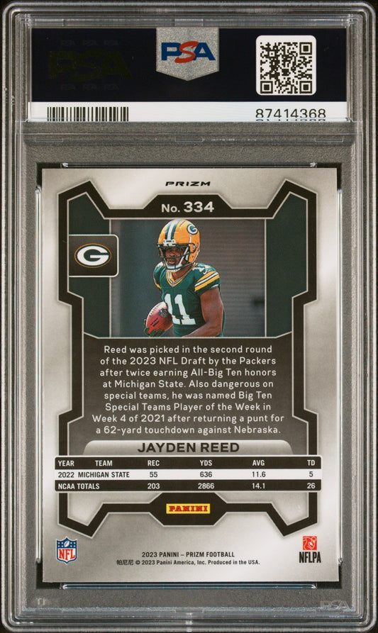 Graded 2023 Panini Prizm Jayden Reed #334 Lazer Rookie RC Football Card PSA 10 Gem Mint