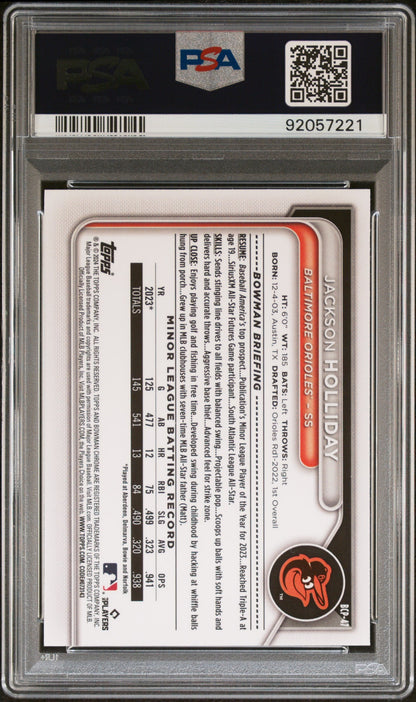 Graded 2024 Topps Bowman Jackson Holliday #BCP47 Chrome Prospects Lunar Glow Rookie RC Baseball Card PSA 10 Gem Mint