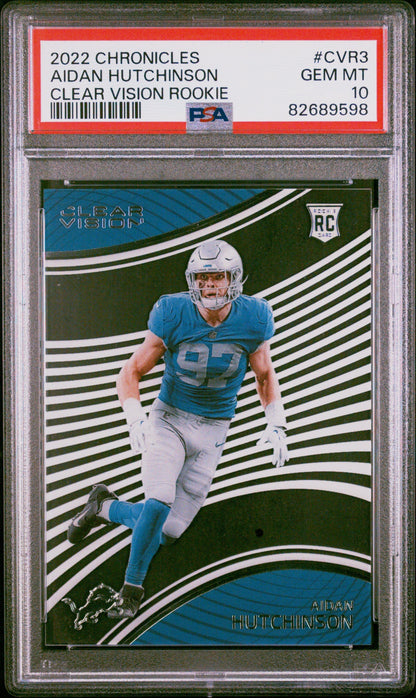 Graded 2022 Panini Chronicles Aidan Hutchinson #CVR3 Clear Vision Rookie RC Football Card PSA 10