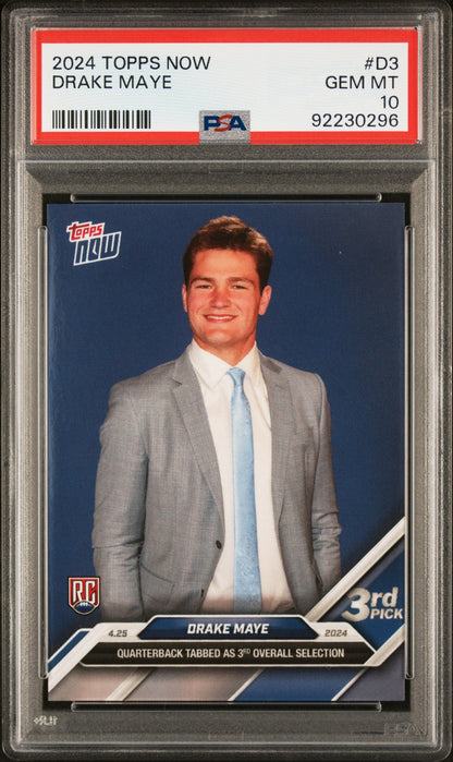 Graded 2024 Topps Now Drake Maye #D3 Rookie RC Football Card PSA 10 Gem Mint