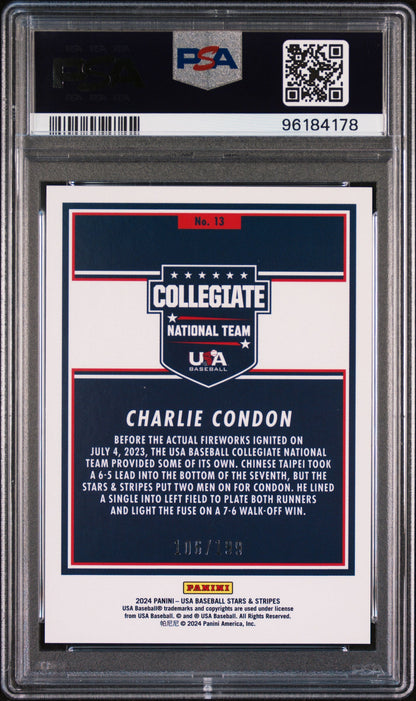 Graded 2024 Panini Stars & Stripes USA Charlie Condon #13 #/199 Rookie RC Baseball Card PSA 10 Gem Mint