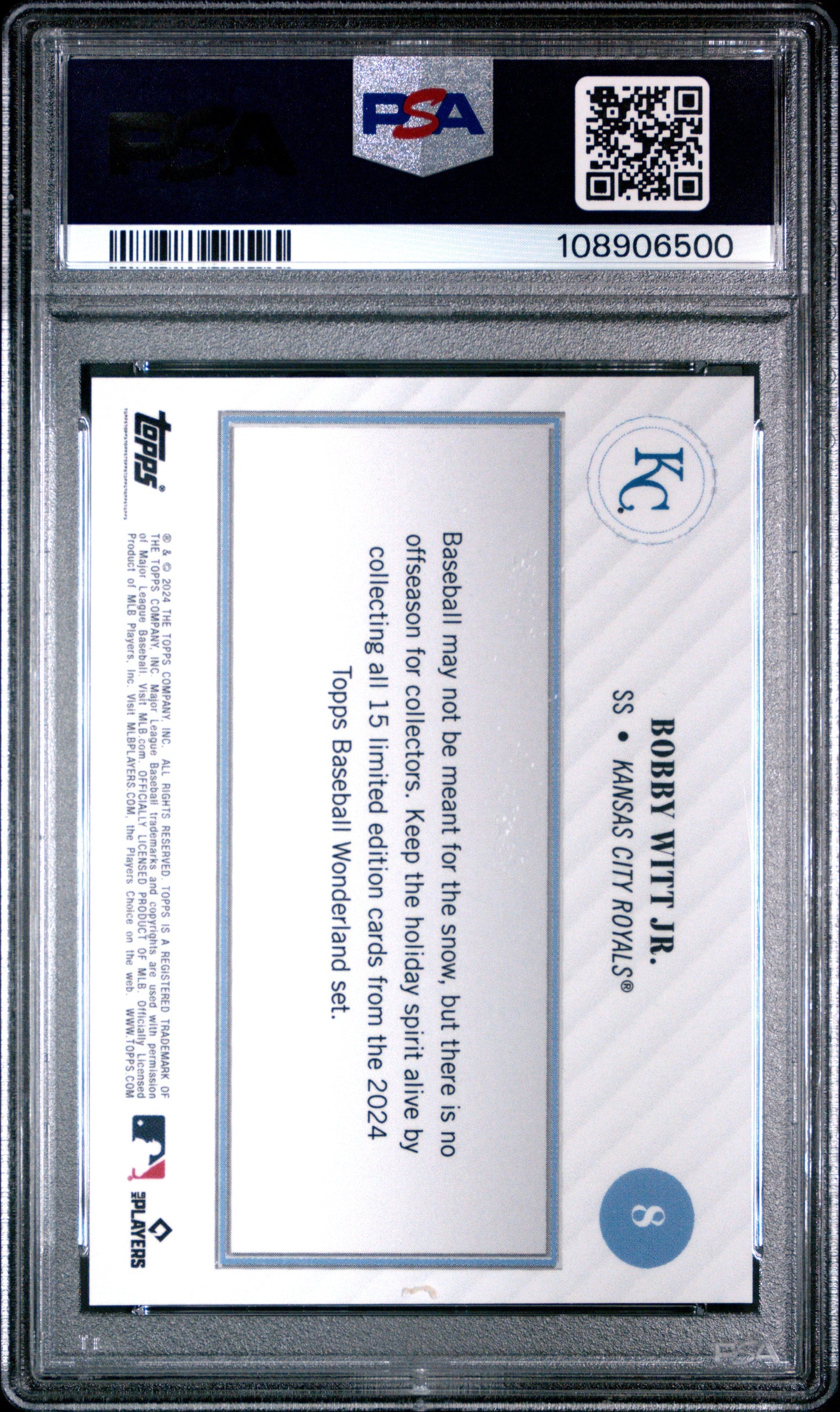 Graded 2024 Topps Wonderland Bobby Witt Jr. #8 Gingerbread Man /49 Baseball Card PSA 9 Near Mint