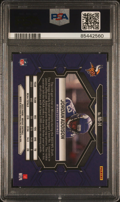 Graded 2023 Panini Mosaic Jordan Addison #ND14 NFL Debut Rookie RC Football Card PSA 10 Gem Mint