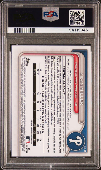 Graded 2024 Topps Bowman Sapphire Aidan Miller #BCP27 Chrome Prospects Rookie RC Baseball Card PSA 10 Gem Mint