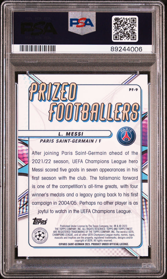 Graded 2022 Topps Finest UCC Lionel Messi #PF9 Prized Footballers Soccer Card PSA 10 Gem Mint