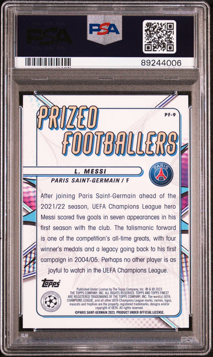 Graded 2022 Topps Finest UCC Lionel Messi #PF9 Prized Footballers Soccer Card PSA 10 Gem Mint
