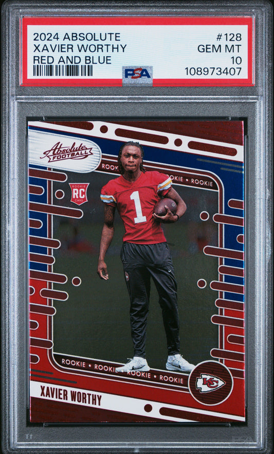 Graded 2024 Panini Absolute Xavier Worthy #128 Red/Blue Rookie RC Football Card PSA 10 Gem Mint