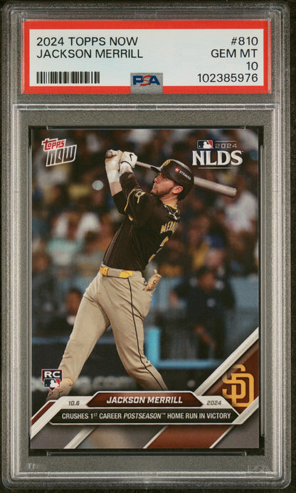 Graded 2024 Topps Now Jackson Merrill #810 Rookie RC Baseball Card PSA 10 Gem Mint