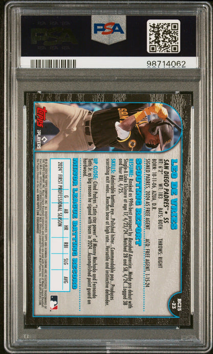 Graded 2024 Topps Bowman Chrome Leo De Vries #23 1999 25th Anniversary Rookie RC Baseball Card PSA 10 Gem Mint