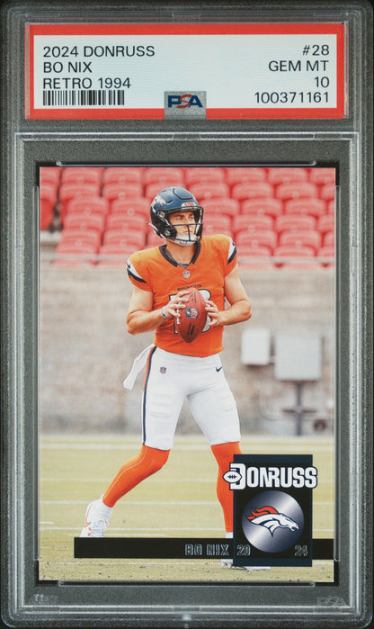 Graded 2024 Panini Donruss Bo Nix #28 Retro 1994 Rookie RC Football Card PSA 10 Gem Mint