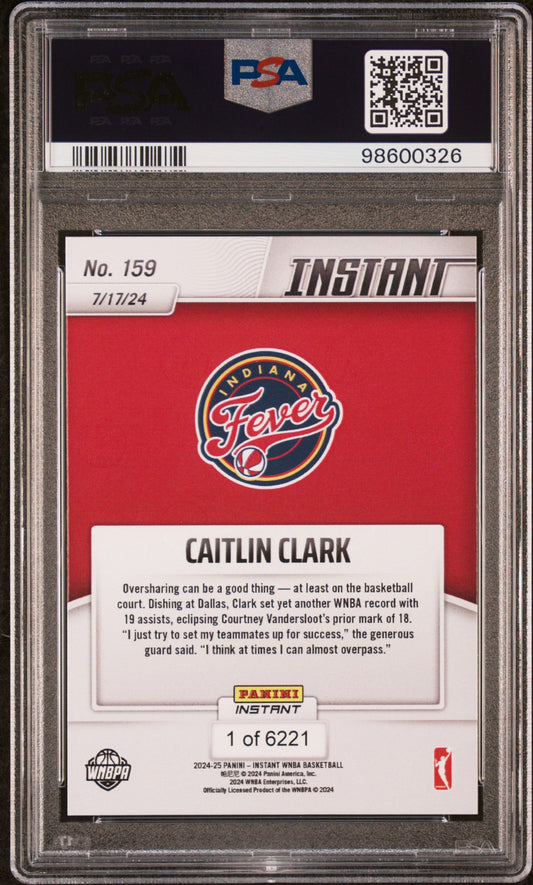 Graded 2024 Panini Instant WNBA Caitlin Clark #159 Sets Single Game Assists Record Rookie RC Basketball Card PSA 9 Mint