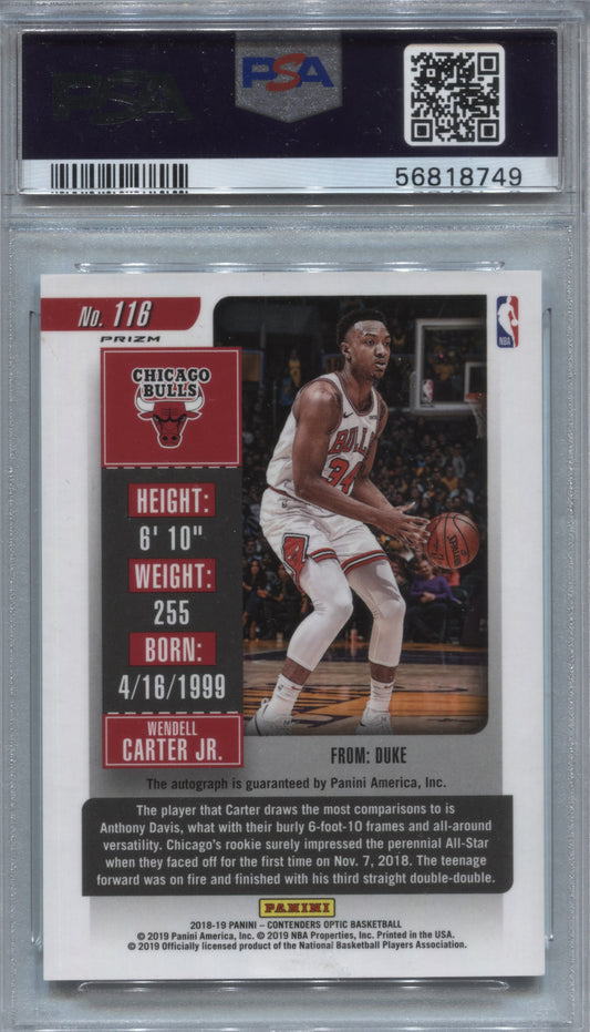 2018-19 Panini Contenders Optic Wendell Carter Jr White Jersey Rookie Auto #116 PSA 10