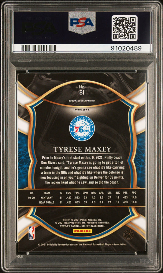 Graded 2020 Panini Select Tyrese Maxey #81 Silver Prizm Rookie RC Basketball Card PSA 10 Gem Mint