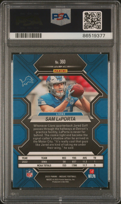 Graded 2023 Panini Mosaic Sam LaPorta #360 Rookie RC Football Card PSA 10 Gem Mint