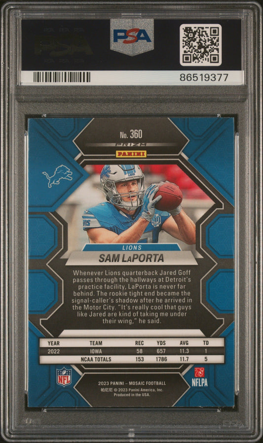 Graded 2023 Panini Mosaic Sam LaPorta #360 Rookie RC Football Card PSA 10 Gem Mint
