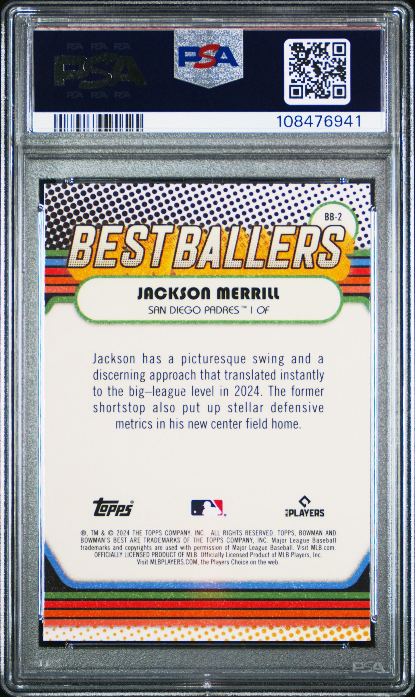 Graded 2024 Topps Bowmans Best Jackson Merrill #BB2 Best Ballers Mini Diamond Rookie RC Baseball Card PSA 10 Gem Mint