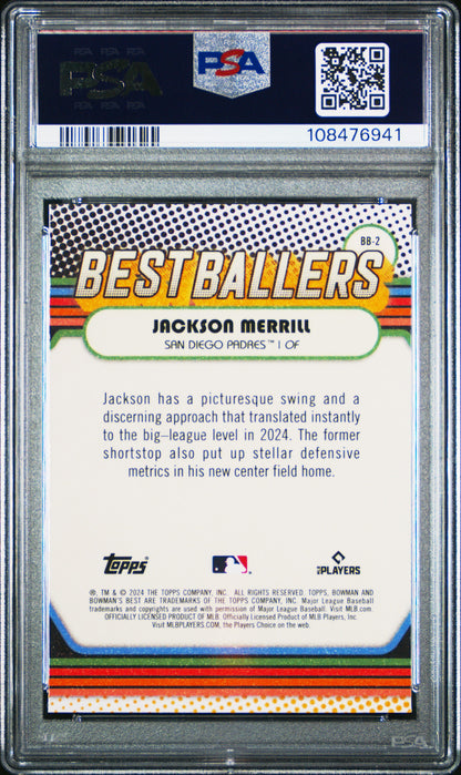 Graded 2024 Topps Bowmans Best Jackson Merrill #BB2 Best Ballers Mini Diamond Rookie RC Baseball Card PSA 10 Gem Mint