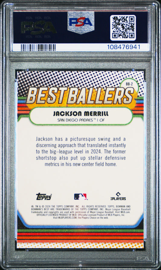 Graded 2024 Topps Bowmans Best Jackson Merrill #BB2 Best Ballers Mini Diamond Rookie RC Baseball Card PSA 10 Gem Mint