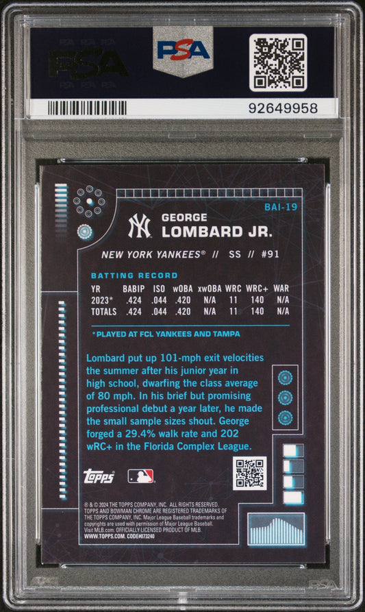 Graded 2024 Topps Bowman George Lombard Jr #BAI19 AI Rookie RC Baseball Card PSA 10 Gem Mint