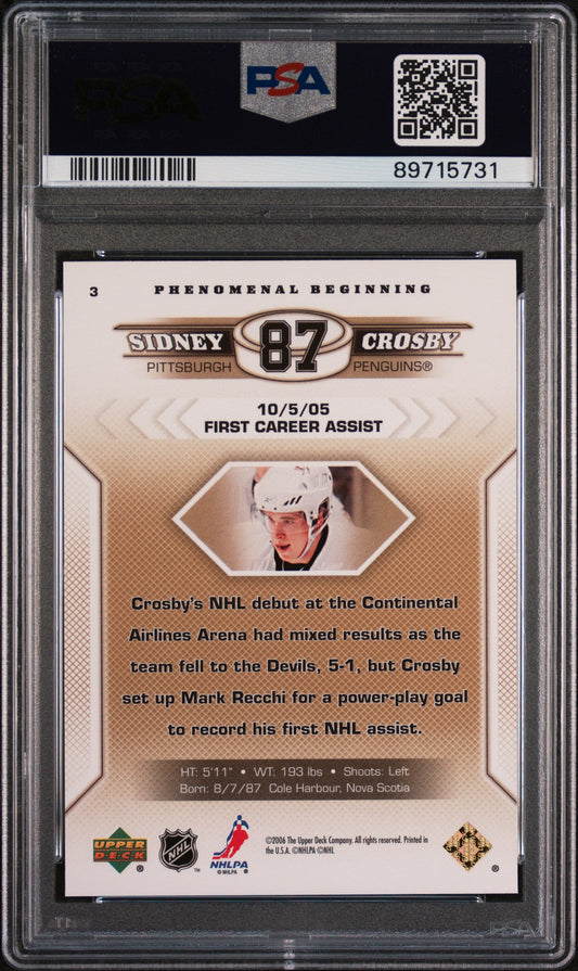 Graded 2005-06 Upper Deck Sidney Crosby #3 Phenomenal Beginning Gold Rookie RC Hockey Card PSA 10 Gem Mint