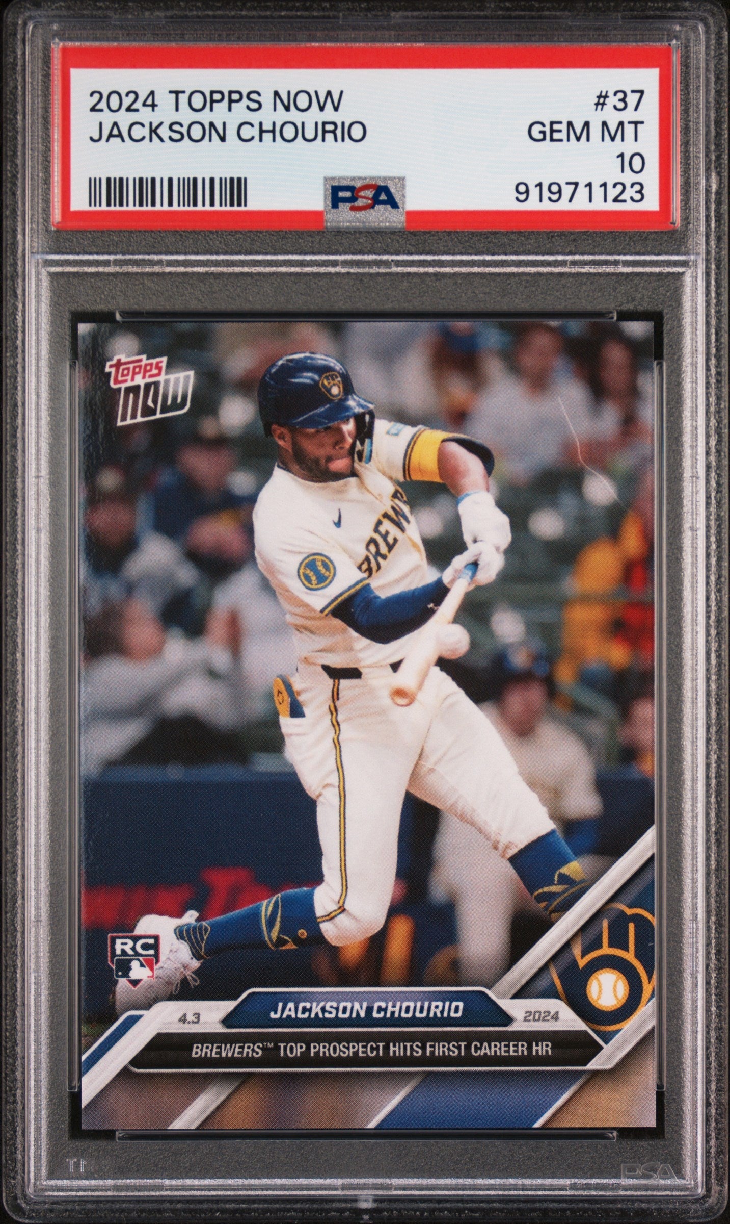 Graded 2024 Topps Now Jackson Chourio #37 First Career HR Rookie RC Baseball Card PSA 10 Gem Mint