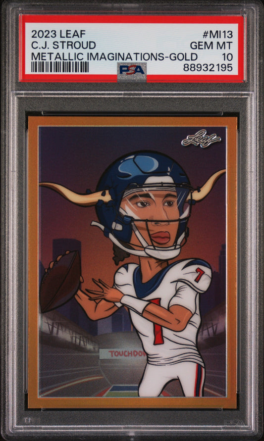 Graded 2023 Leaf CJ Stroud #MI13 Metallic Imaginations Gold #/99 Rookie RC Football Card PSA 10 Gem Mint