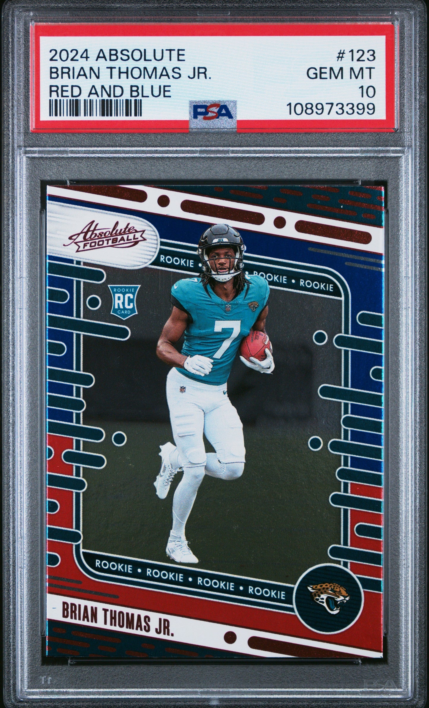Graded 2024 Panini Absolute Brian Thomas Jr #123 Red/Blue Rookie RC Football Card PSA 10 Gem Mint