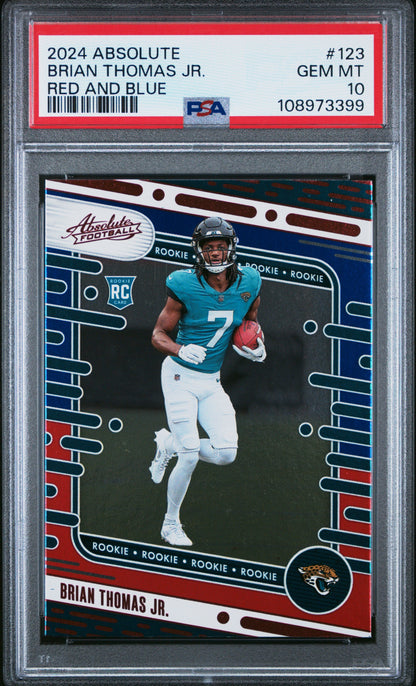 Graded 2024 Panini Absolute Brian Thomas Jr #123 Red/Blue Rookie RC Football Card PSA 10 Gem Mint