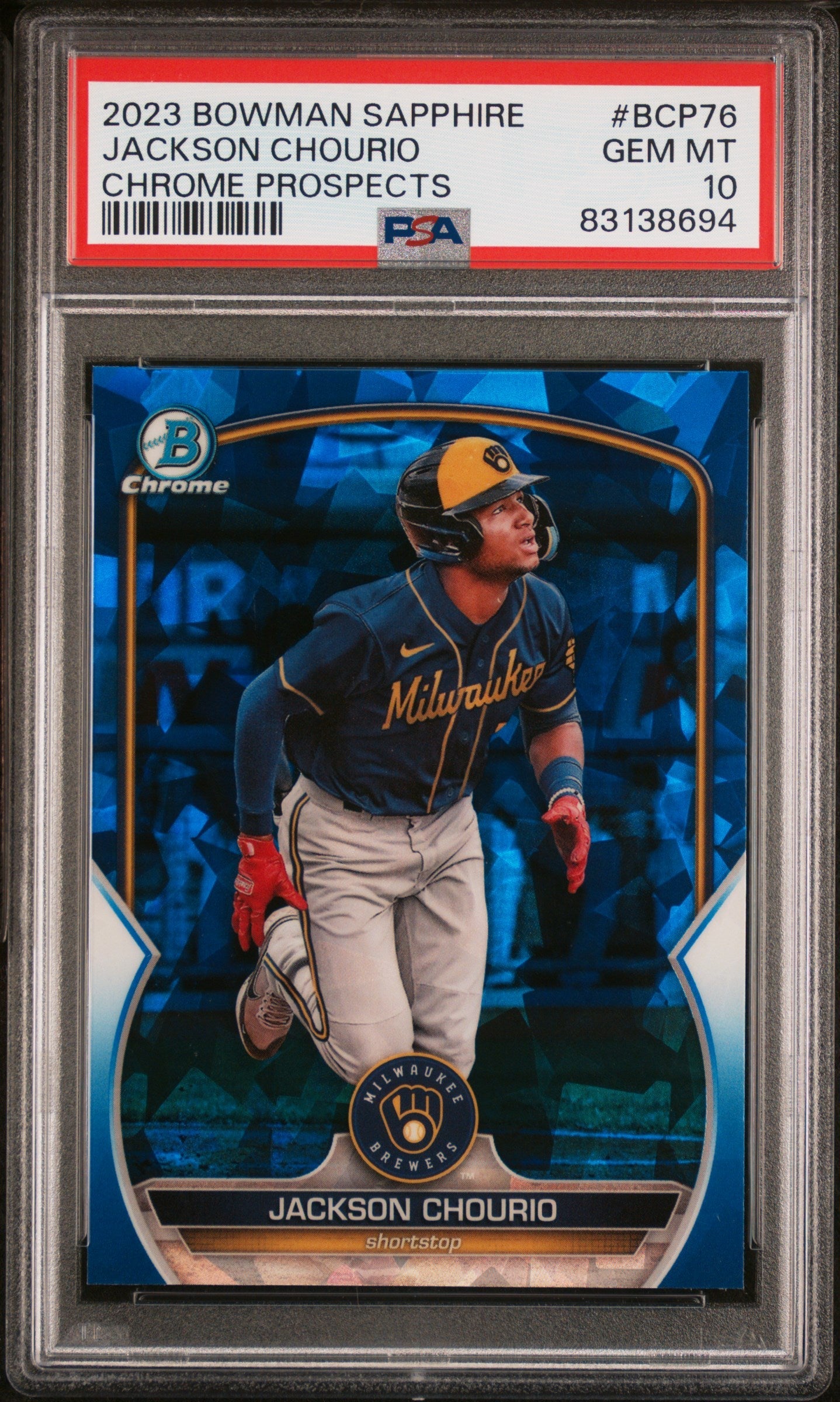 Graded 2023 Topps Bowman Sapphire Jackson Chourio #BCP76 Chrome Prospects Rookie RC Baseball Card PSA 10 Gem Mint