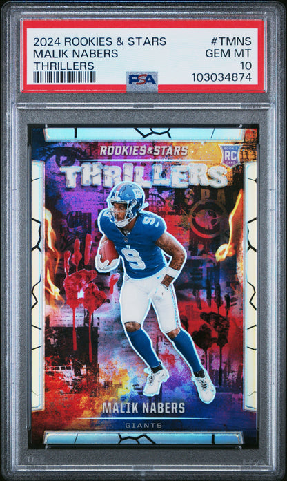 Graded 2024 Panini Rookies & Stars Malik Nabers #TMNS Thrillers Rookie RC Football Card PSA 10 Gem Mint