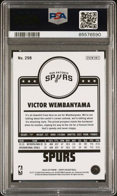 Graded 2023 Panini Hoops Victor Wembanyama #298 Rookie RC Basketball Card PSA 10 Gem Mint