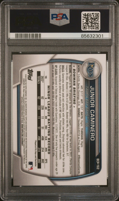 Graded 2023 Topps Bowman Chrome Junior Caminero #BCP162 Prospects Shimmer Rookie RC Baseball Card PSA 10 Gem Mint